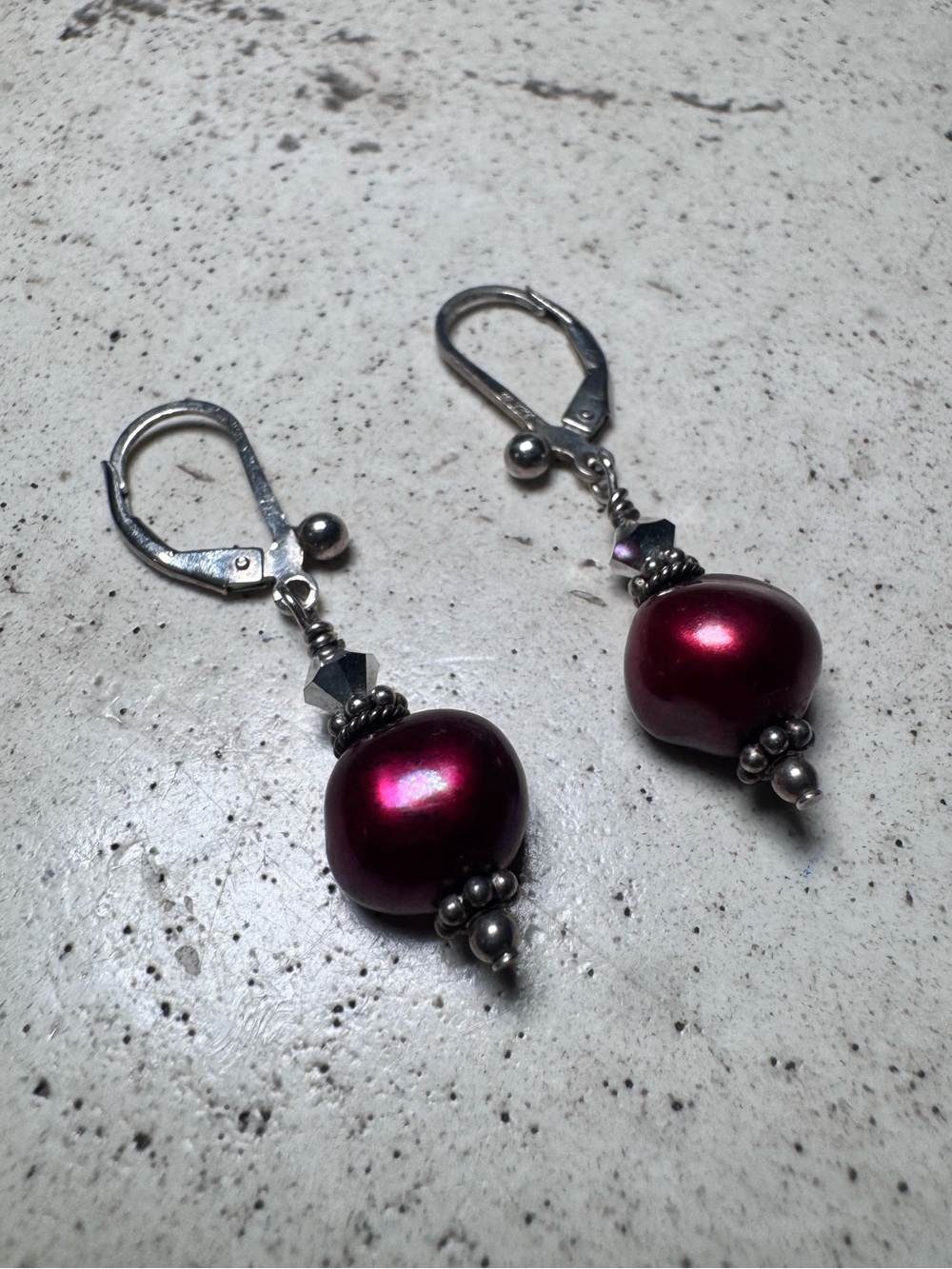 Sterling Silver Burgundy Pearl Drop Earrings
